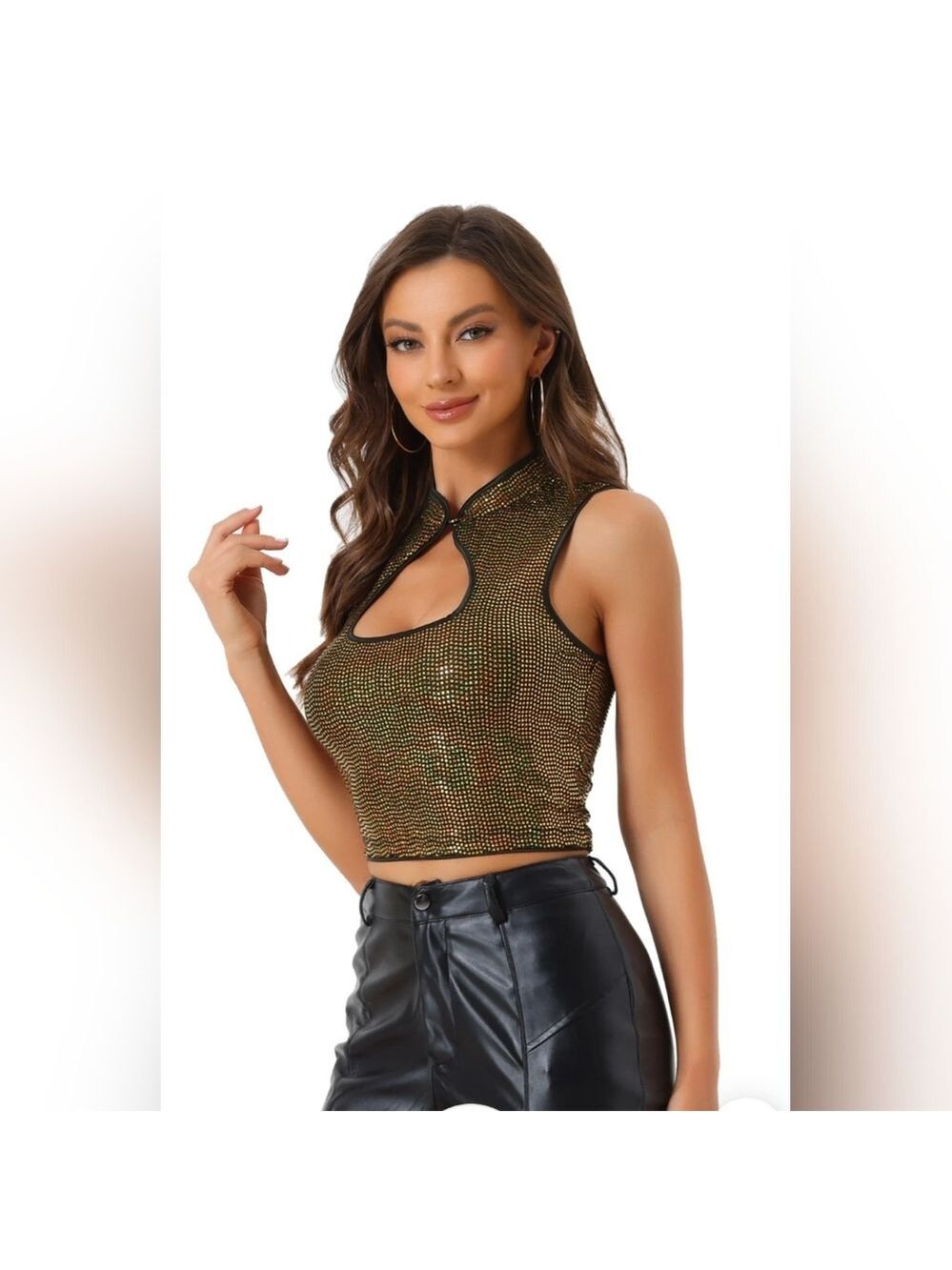 Allegra K - Sleeveless Cut Out Front Crop Tank - Slim Fitted -Sequins Top - NWOT - Picture 3 of 7